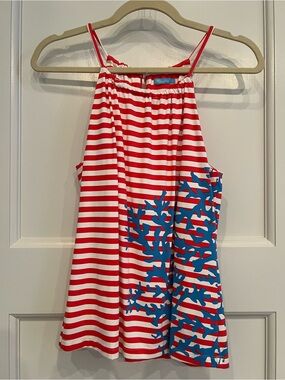 J. McLaughlin Red & White Striped Tank with Blue Coral Accent NWOT